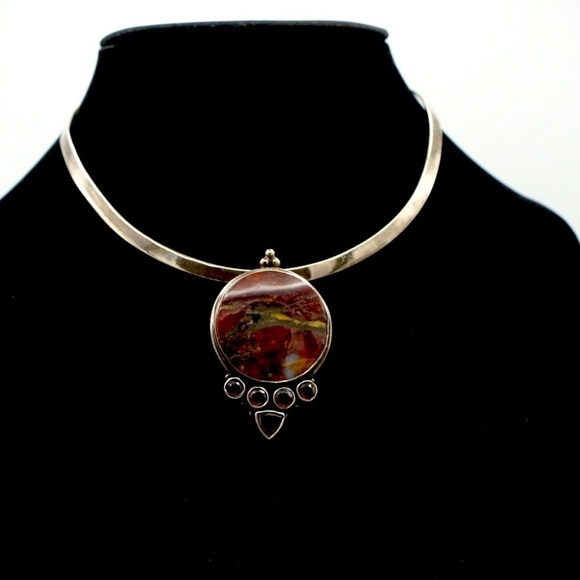 .925 Sterling Silver Brecciated Jasper Pendant w/ Garnet Accents- Handmade Boho - Picture 8 of 16